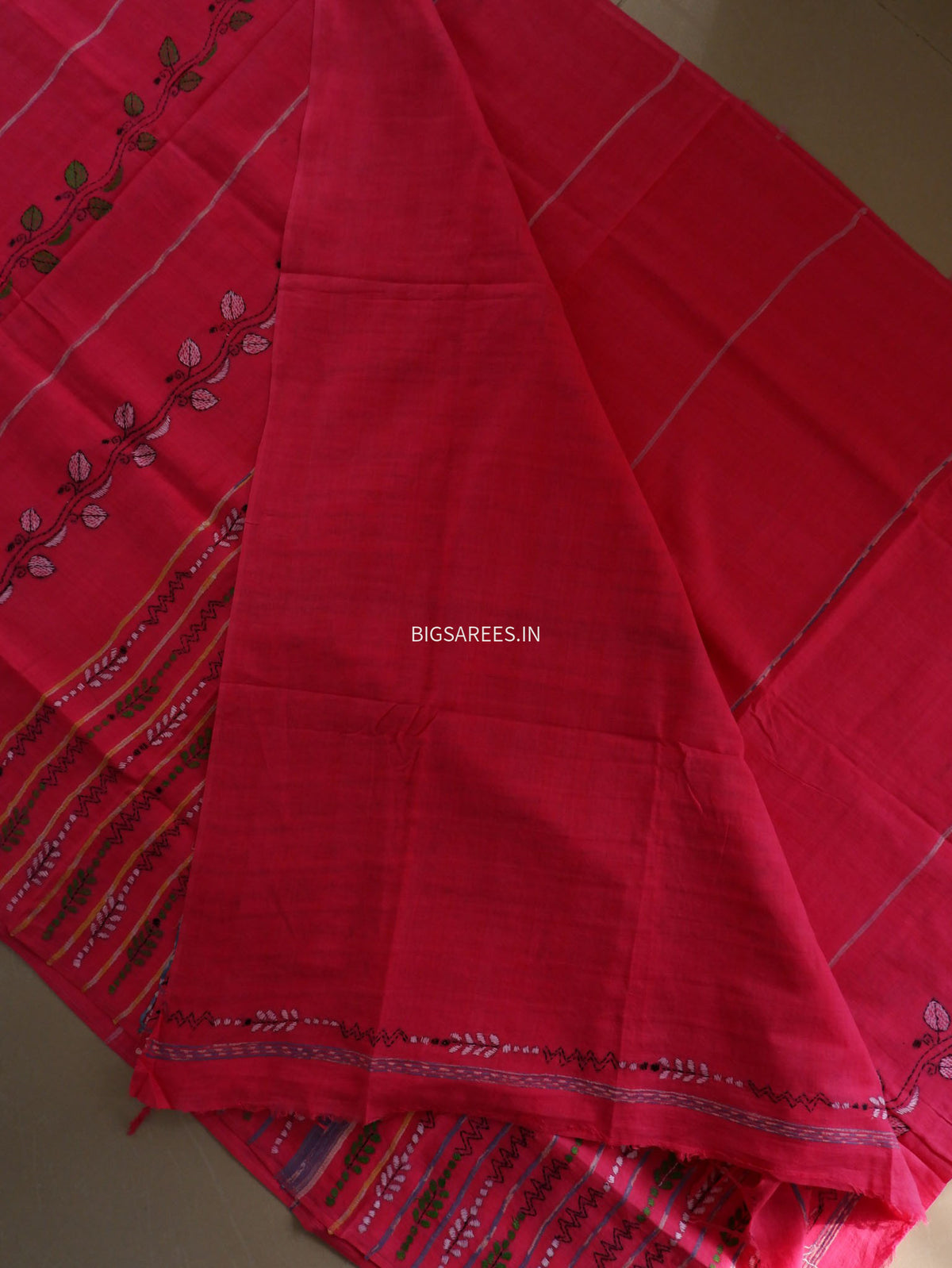 Kantha Stitch Hand-Embroidered Saree | Pure Khesh Cotton | Pink