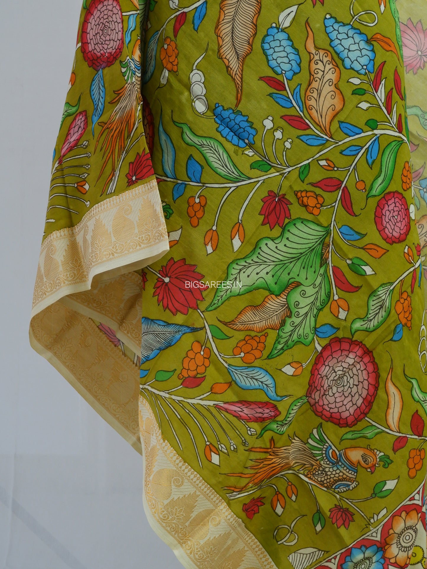 Pen Kalamkari Hand Painted Bangalore Silk Dupatta | Lime Green | 36"