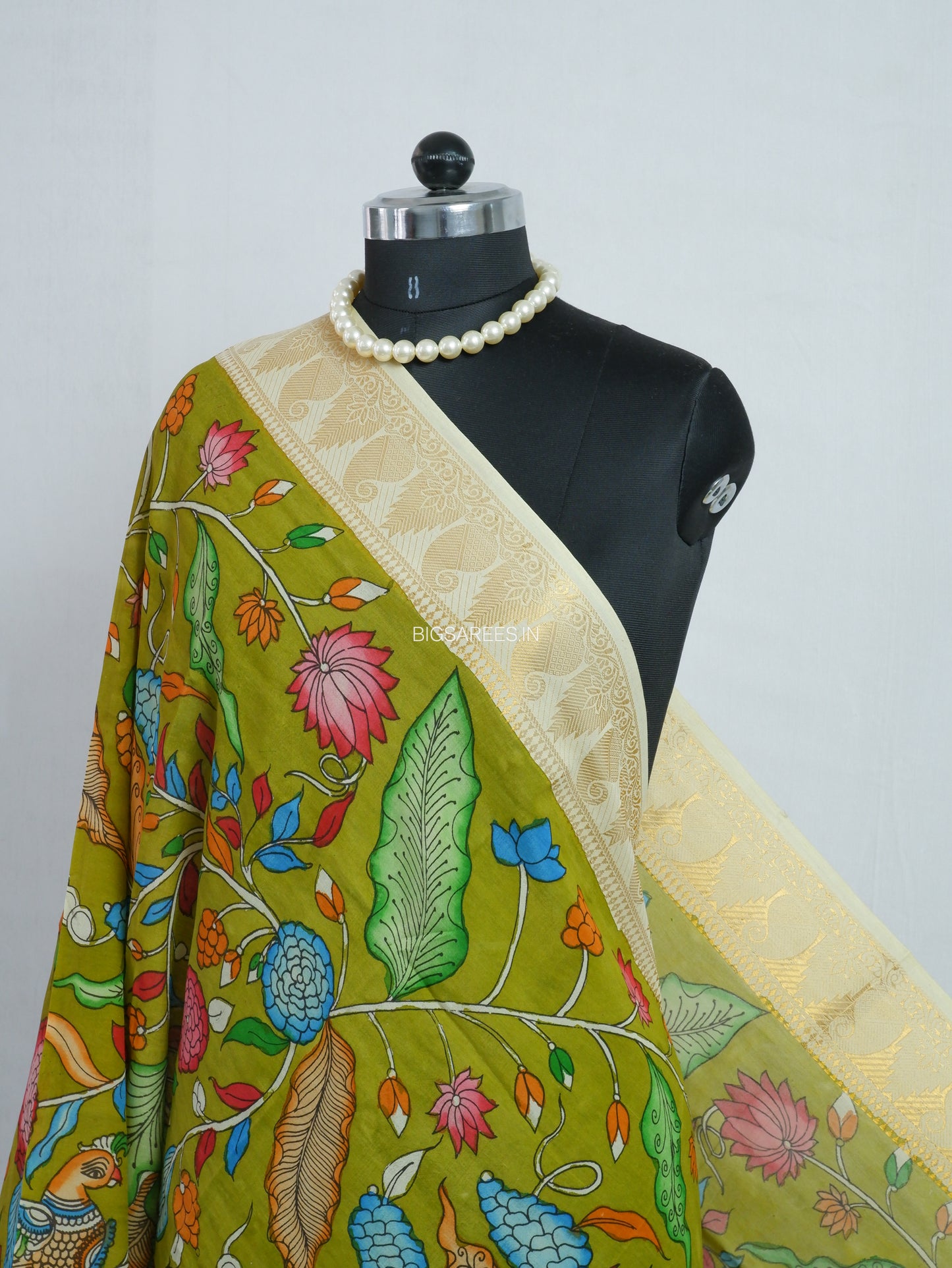 Pen Kalamkari Hand Painted Bangalore Silk Dupatta | Lime Green | 36"