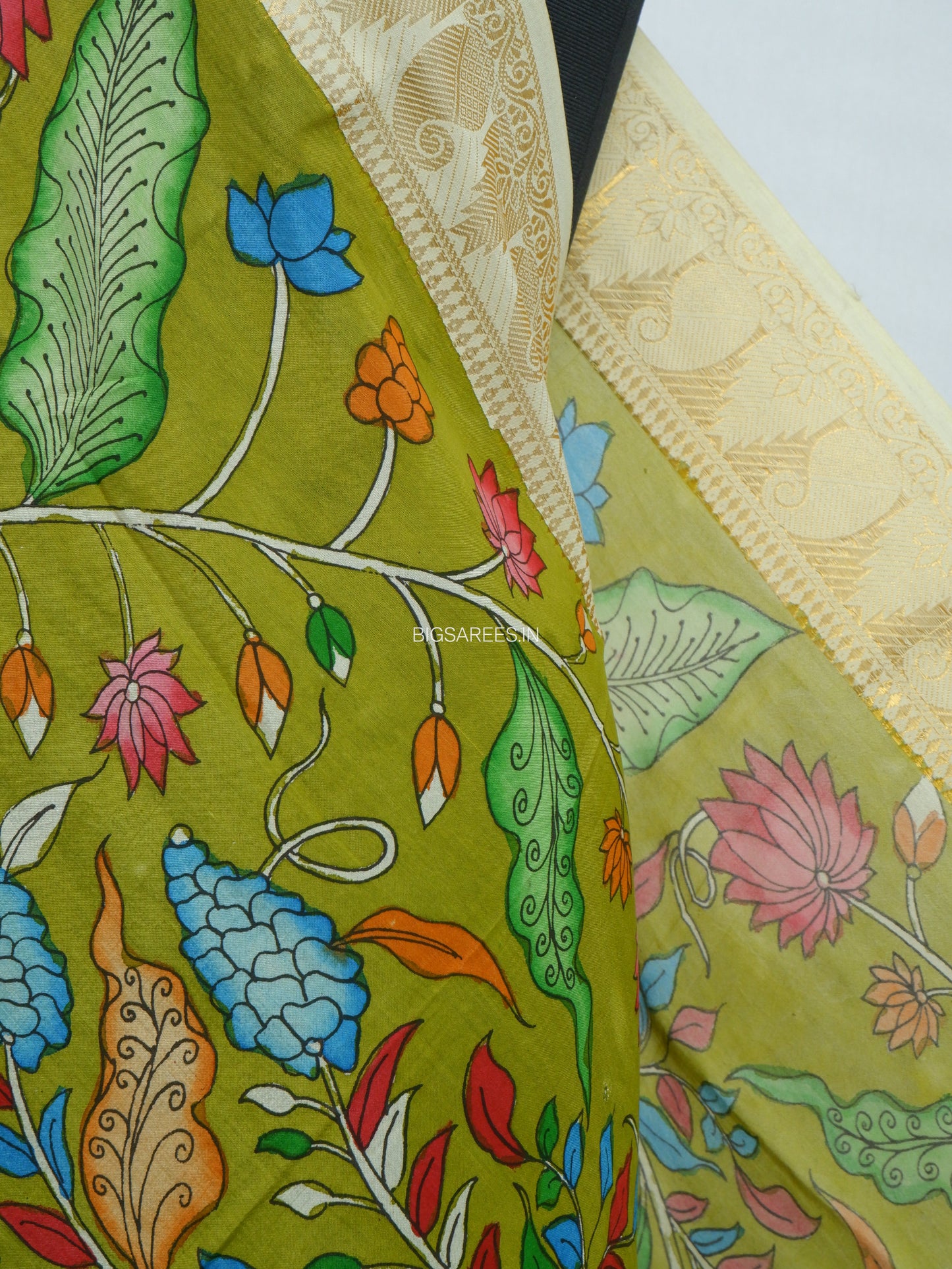 Pen Kalamkari Hand Painted Bangalore Silk Dupatta | Lime Green | 36"