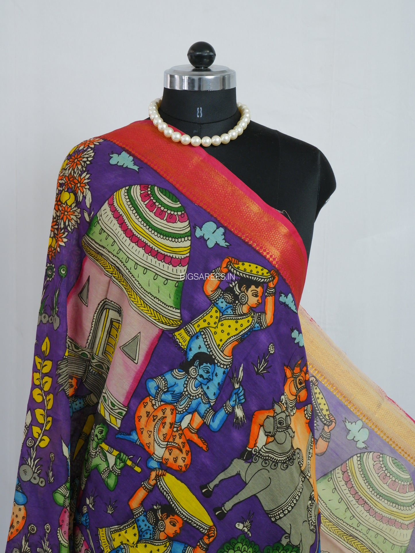 Pen Kalamkari Hand Painted Bangalore Silk Dupatta | Violet | 36"