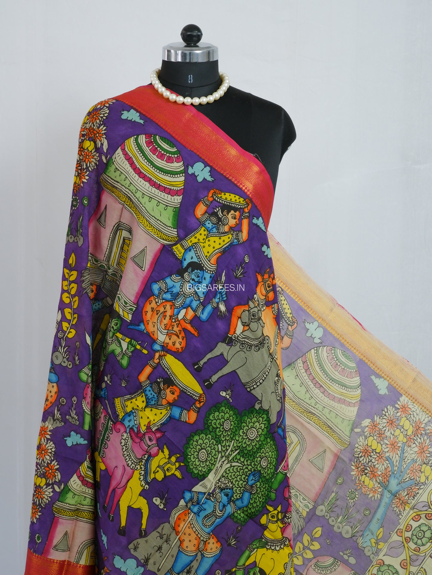Pen Kalamkari Hand Painted Bangalore Silk Dupatta | Violet | 36"
