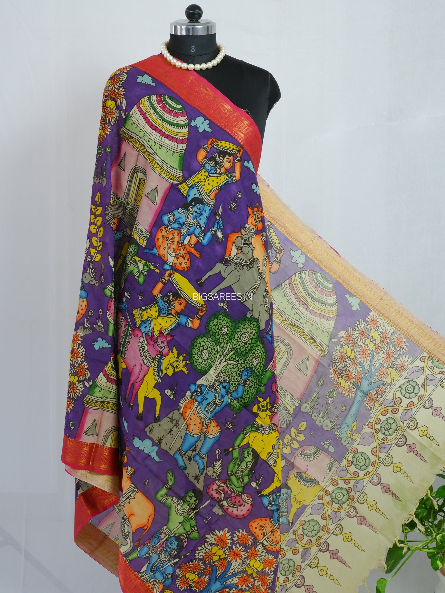 Pen Kalamkari Hand Painted Bangalore Silk Dupatta | Violet | 36"