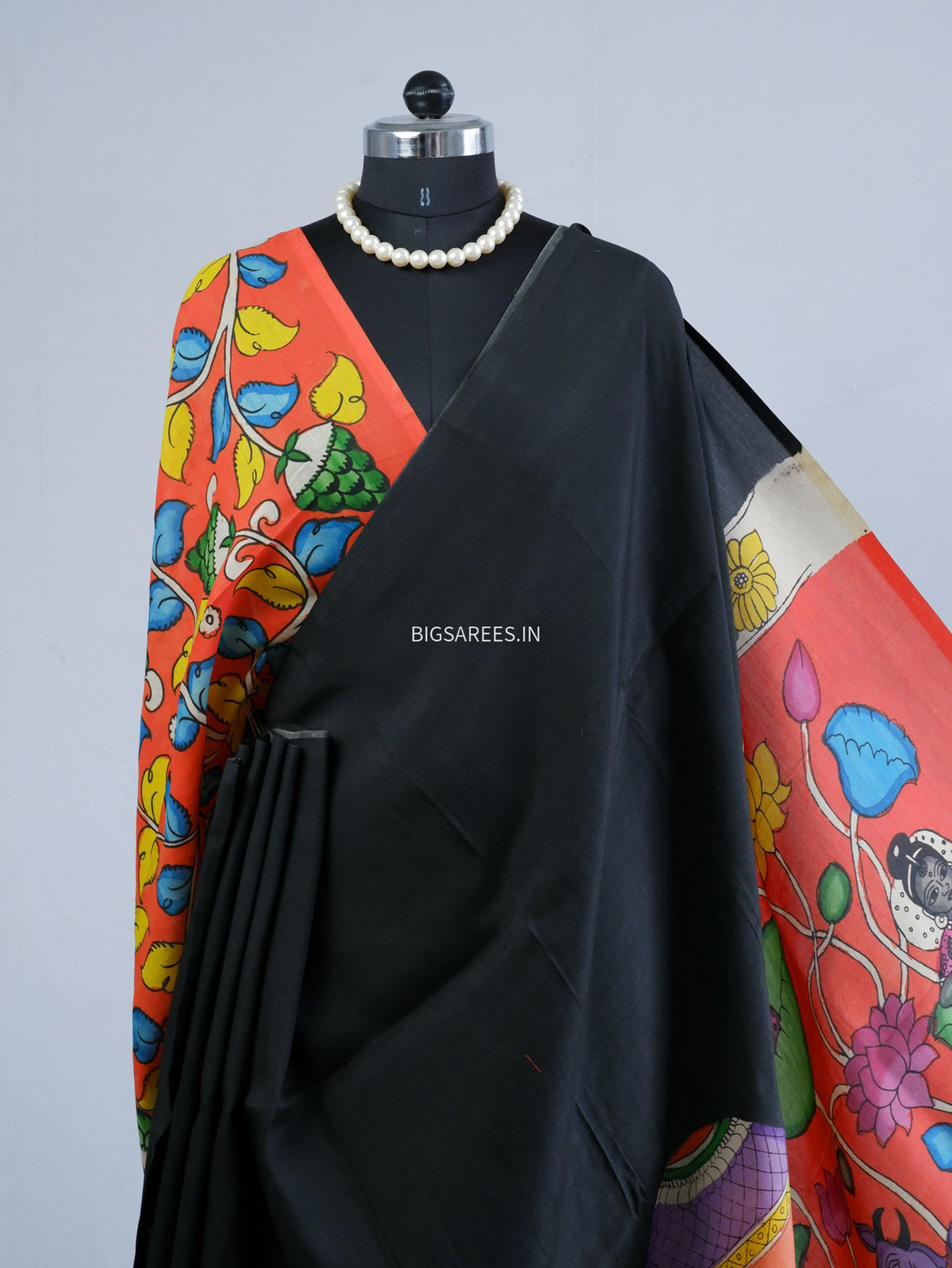 Hand-Painted Kalamkari Saree | Bangalore Silk | Black