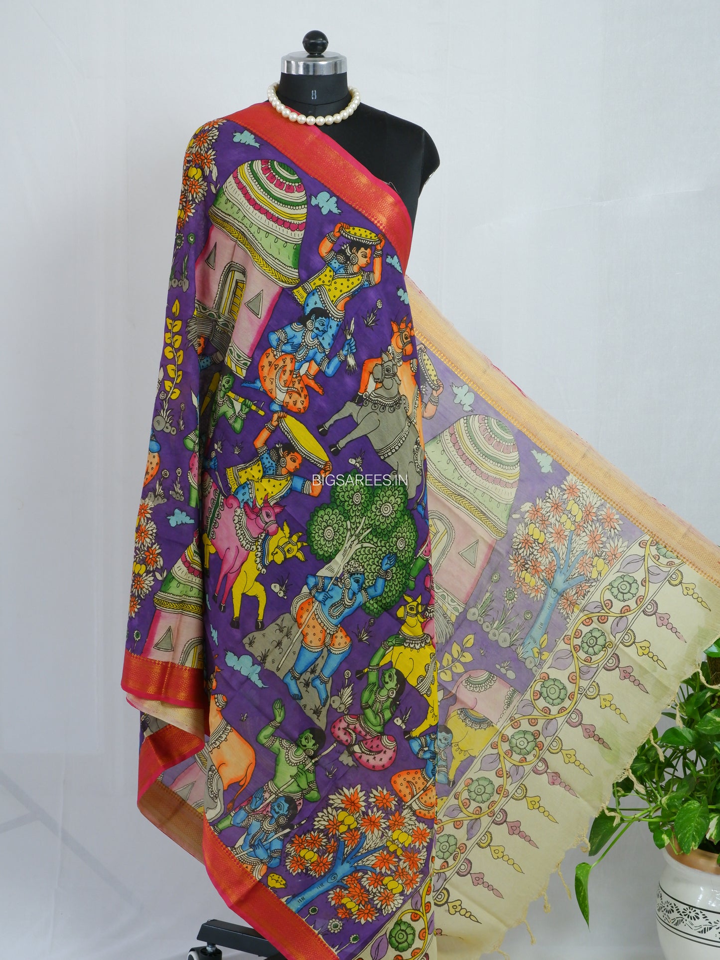 Pen Kalamkari Hand Painted Bangalore Silk Dupatta | Violet | 36"
