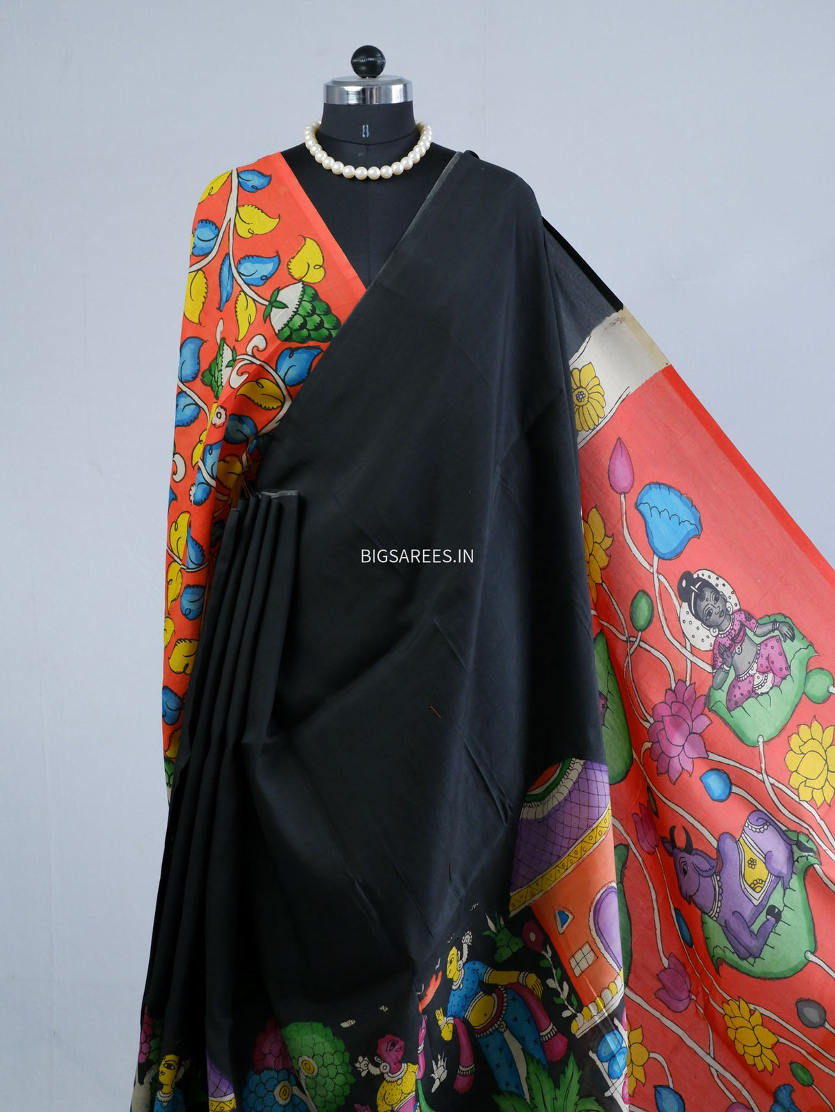 Hand-Painted Kalamkari Saree | Bangalore Silk | Black