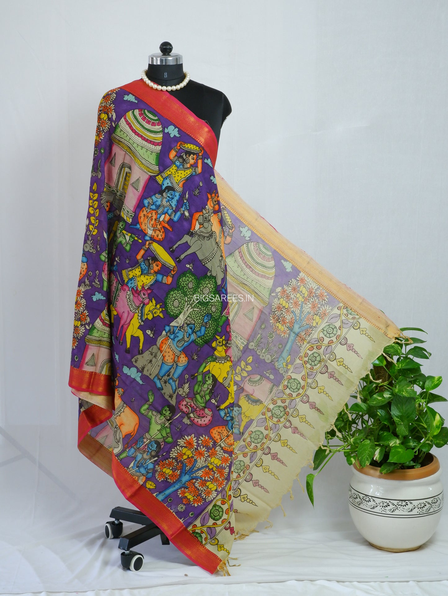 Pen Kalamkari Hand Painted Bangalore Silk Dupatta | Violet | 36"