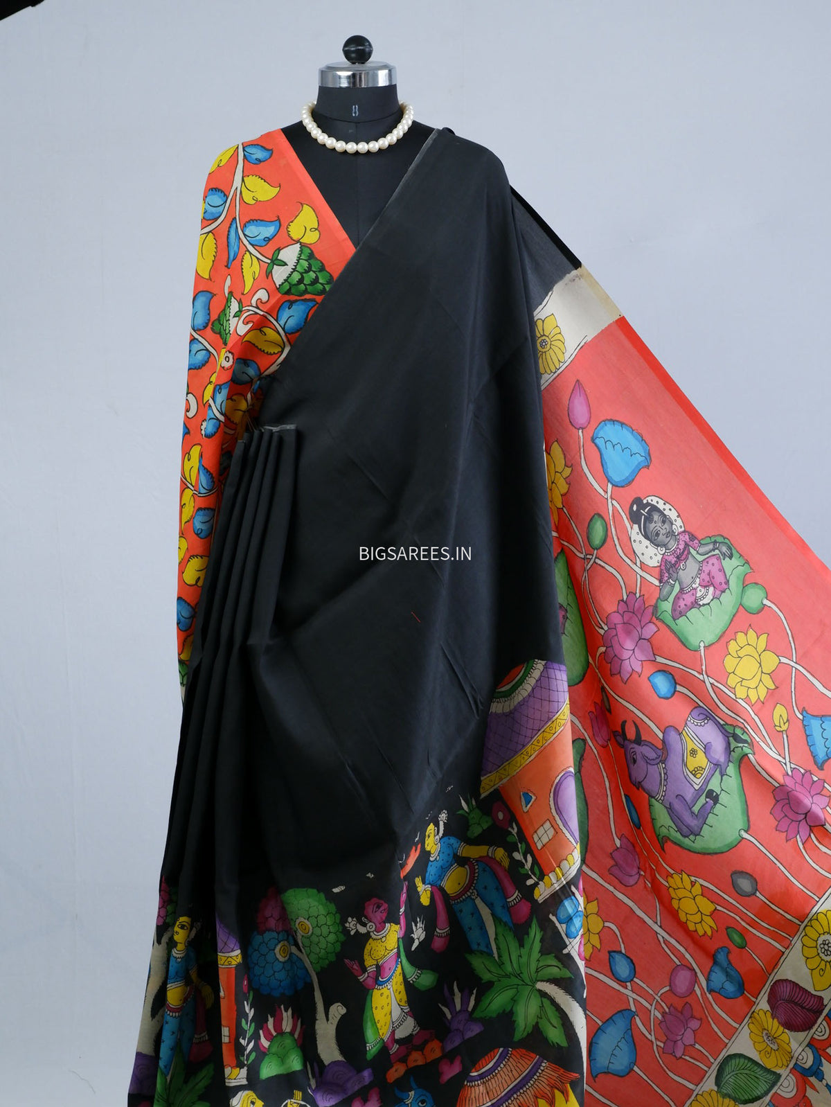 Hand-Painted Kalamkari Saree | Bangalore Silk | Black