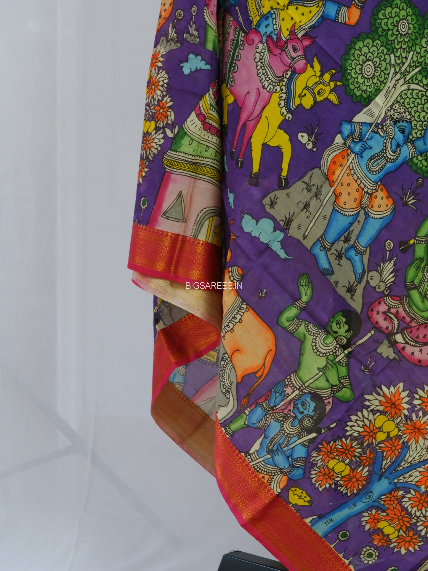 Pen Kalamkari Hand Painted Bangalore Silk Dupatta | Violet | 36"