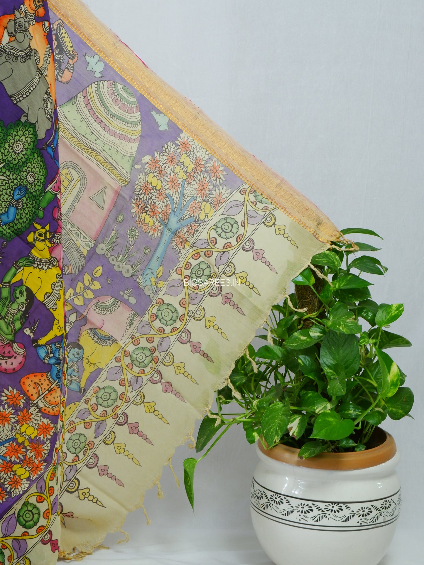 Pen Kalamkari Hand Painted Bangalore Silk Dupatta | Violet | 36"