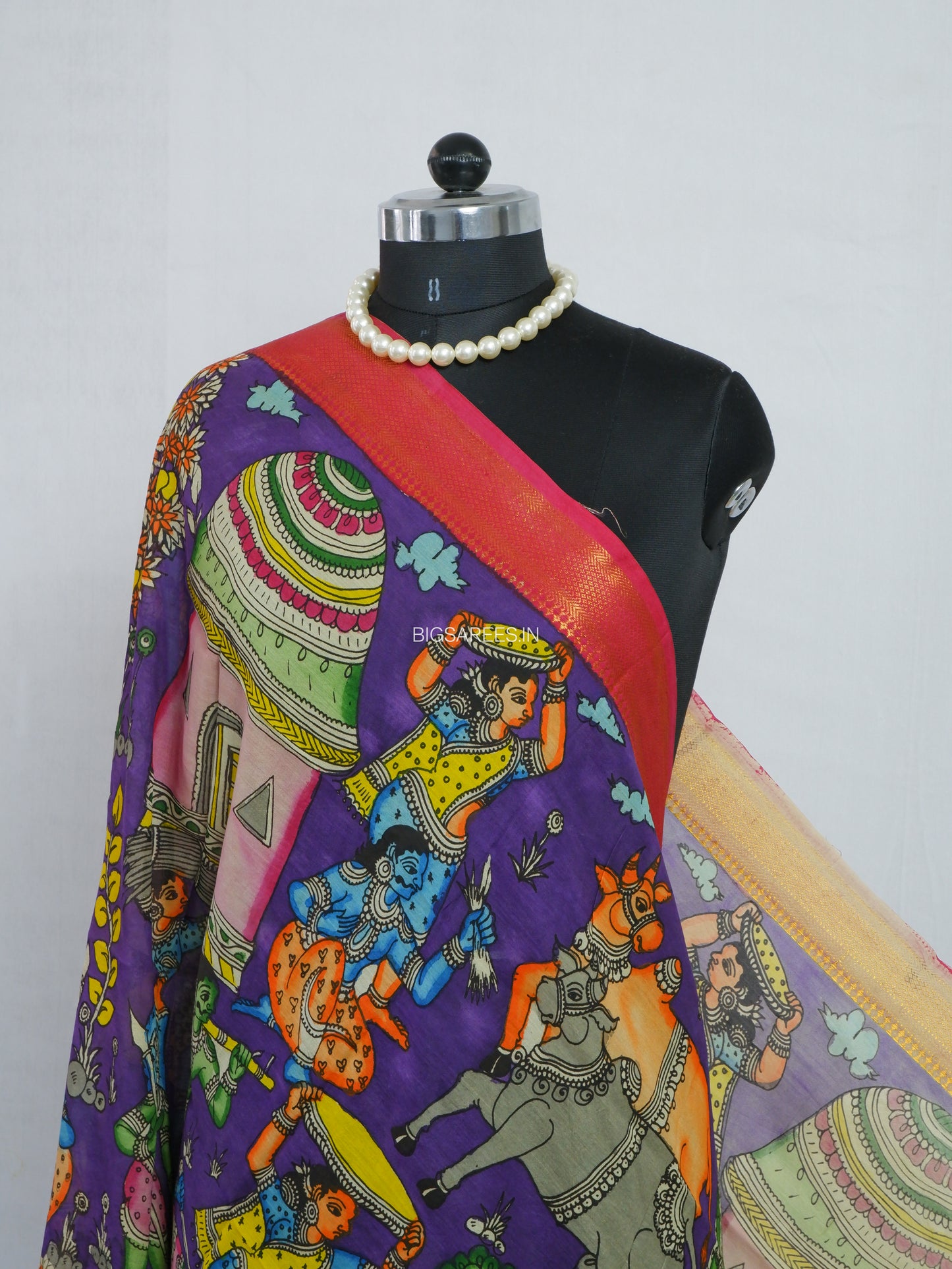 Pen Kalamkari Hand Painted Bangalore Silk Dupatta | Violet | 36"