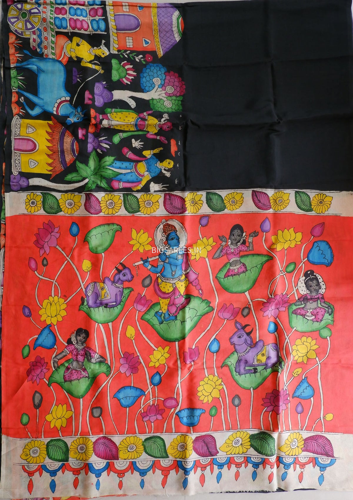 Hand-Painted Kalamkari Saree | Bangalore Silk | Black
