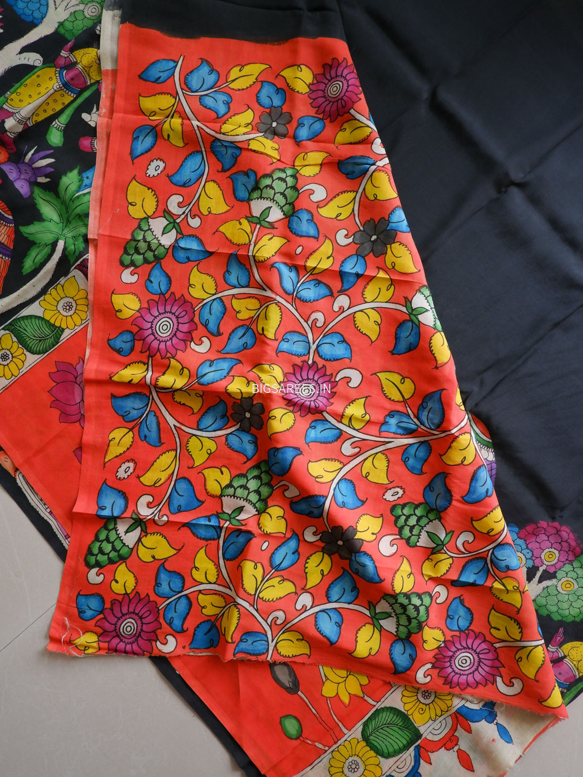 Hand-Painted Kalamkari Saree | Bangalore Silk | Black