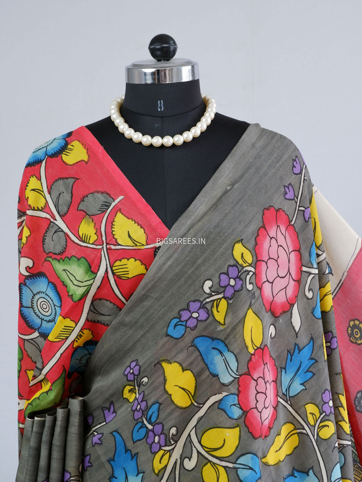 Hand-Painted Kalamkari Saree | Bangalore Silk | Shadow Grey