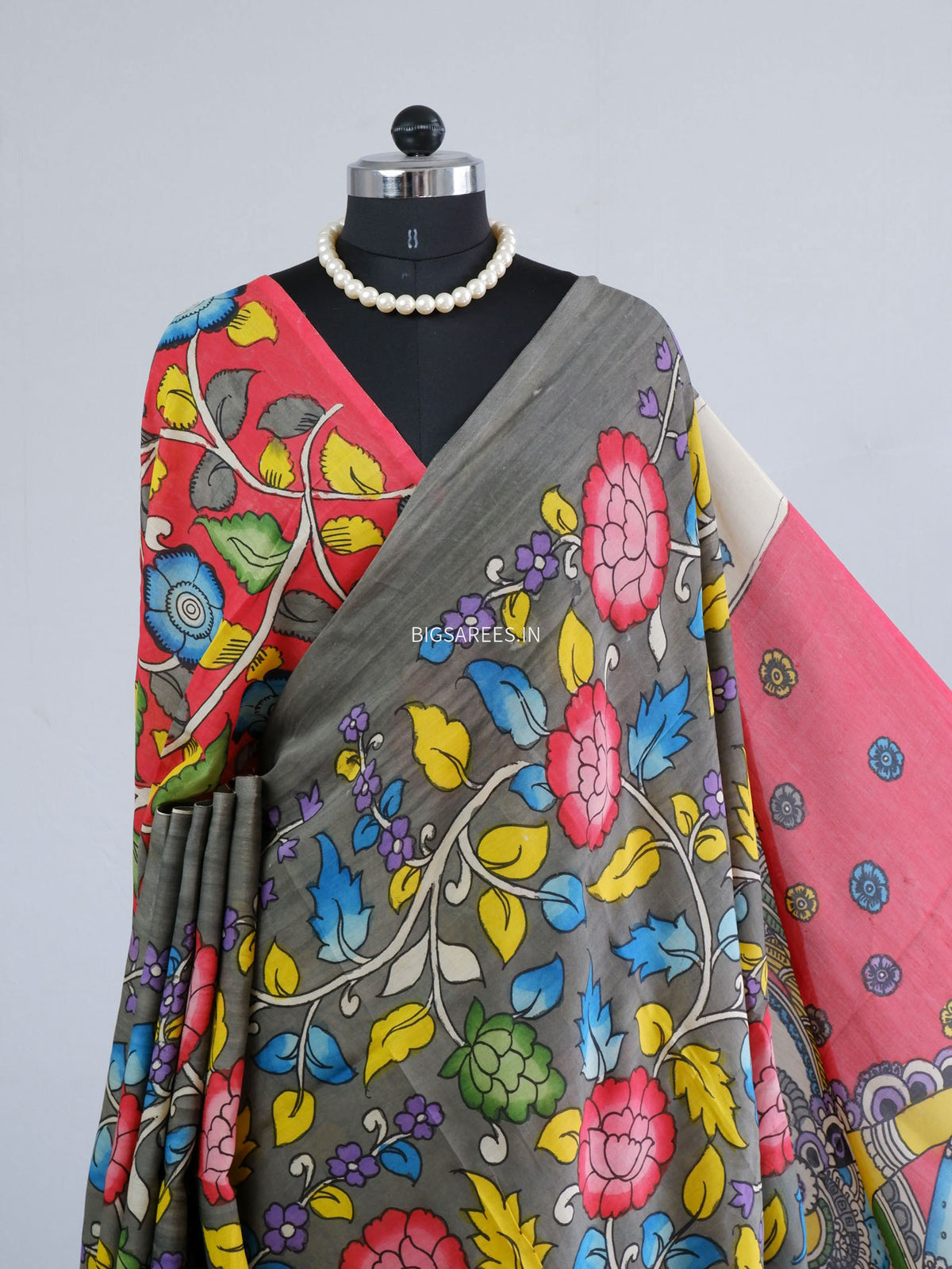 Hand-Painted Kalamkari Saree | Bangalore Silk | Shadow Grey