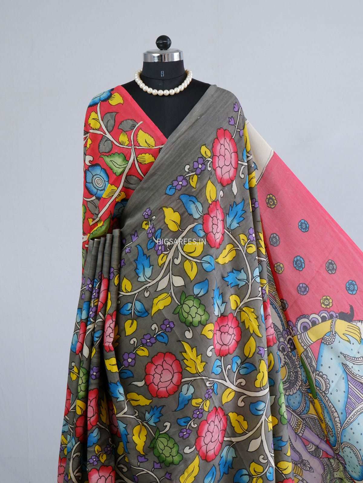 Hand-Painted Kalamkari Saree | Bangalore Silk | Shadow Grey