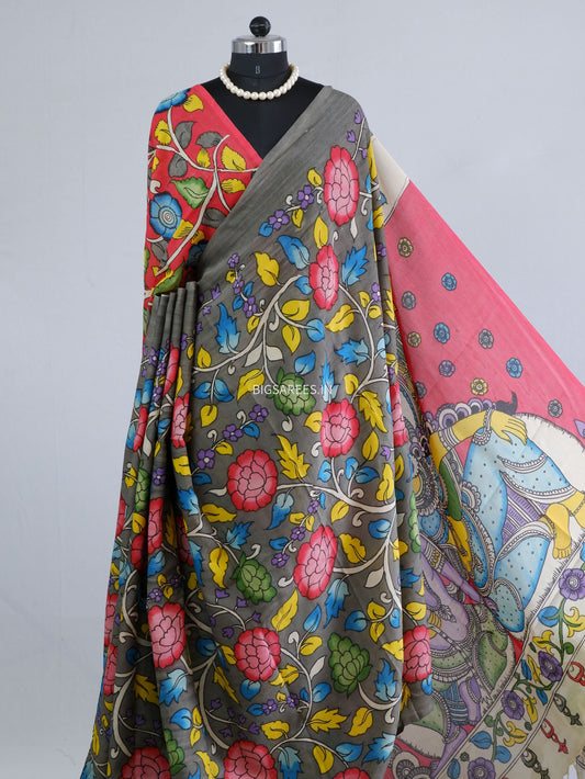 Hand-Painted Kalamkari Saree | Bangalore Silk | Shadow Grey