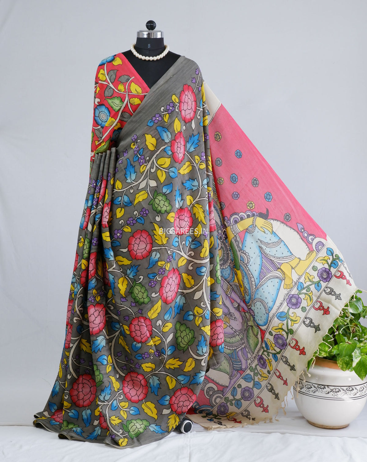 Hand-Painted Kalamkari Saree | Bangalore Silk | Shadow Grey