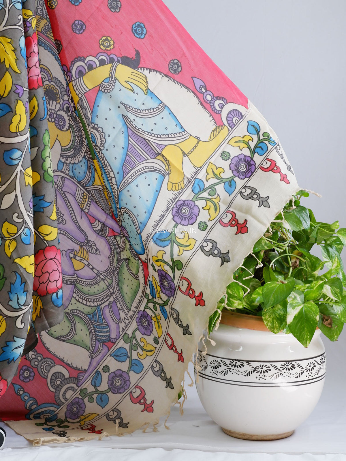 Hand-Painted Kalamkari Saree | Bangalore Silk | Shadow Grey