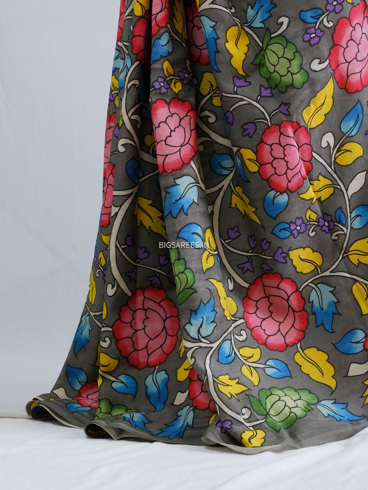 Hand-Painted Kalamkari Saree | Bangalore Silk | Shadow Grey