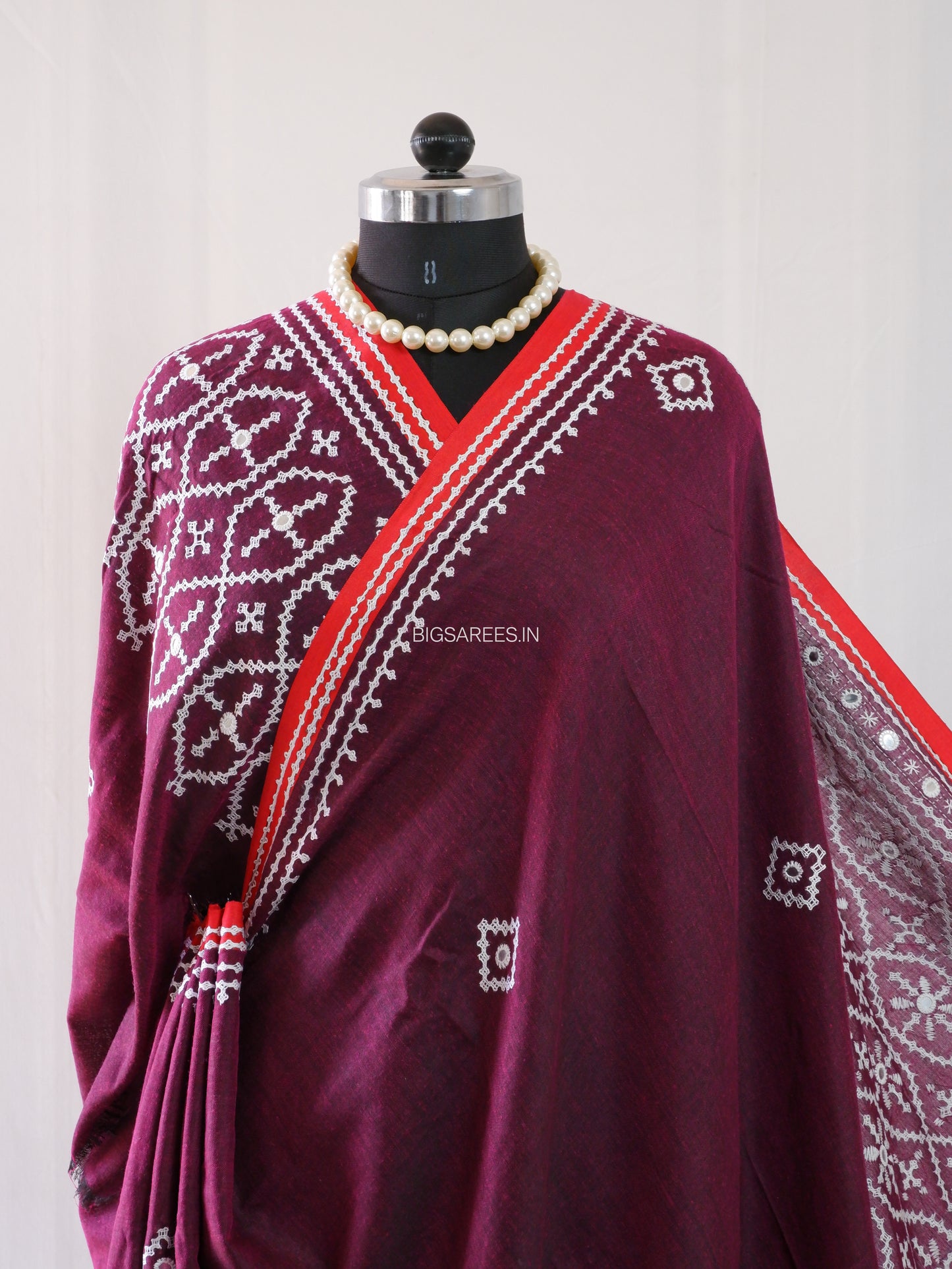 Kutchi Hand-Embroidered Saree | Khadi Cotton | Maroon