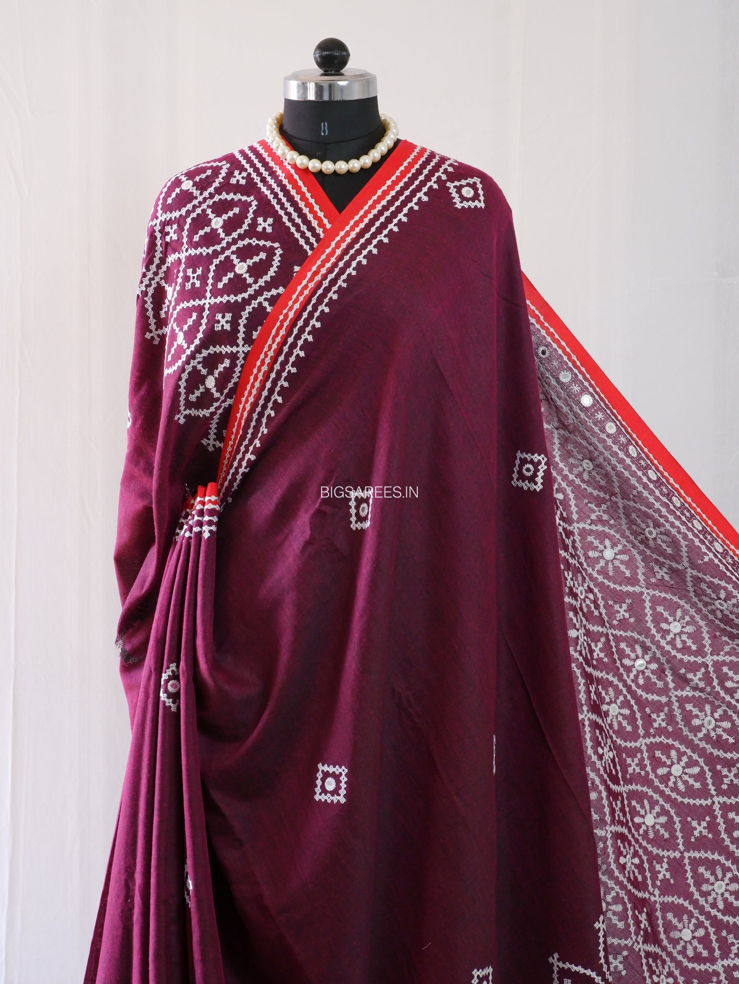 Kutchi Hand-Embroidered Saree | Khadi Cotton | Maroon