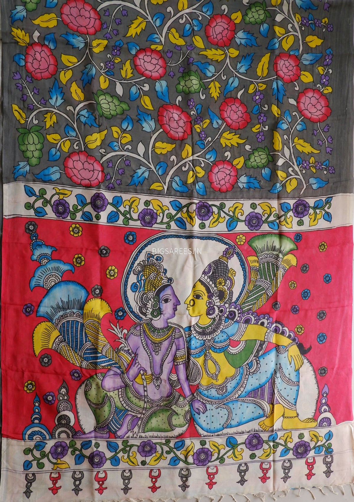 Hand-Painted Kalamkari Saree | Bangalore Silk | Shadow Grey