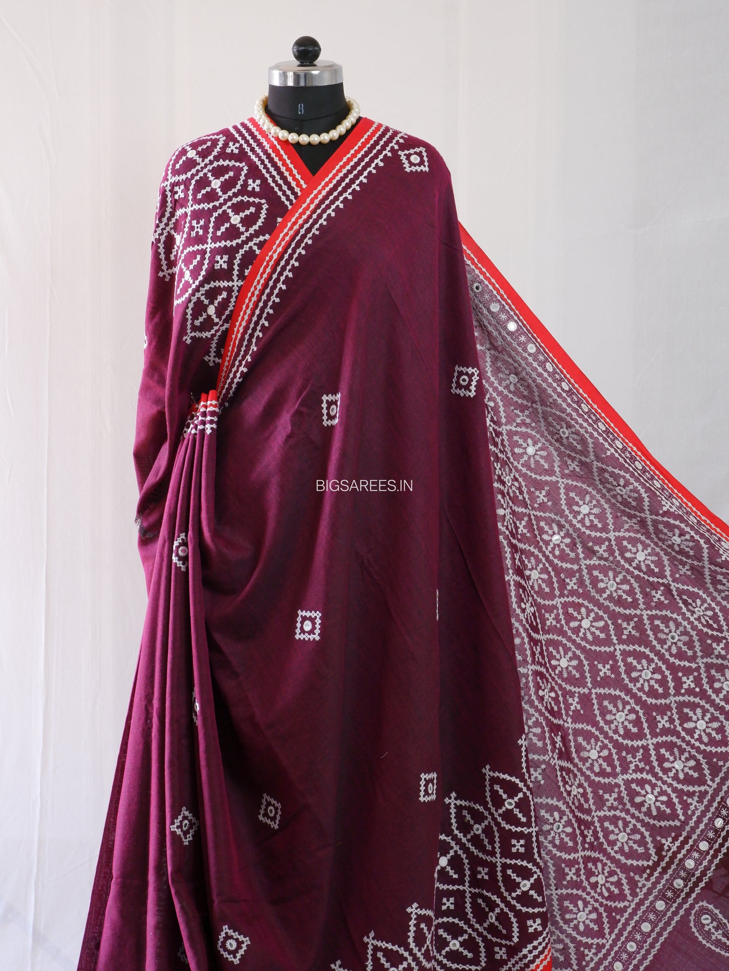 Kutchi Hand-Embroidered Saree | Khadi Cotton | Maroon