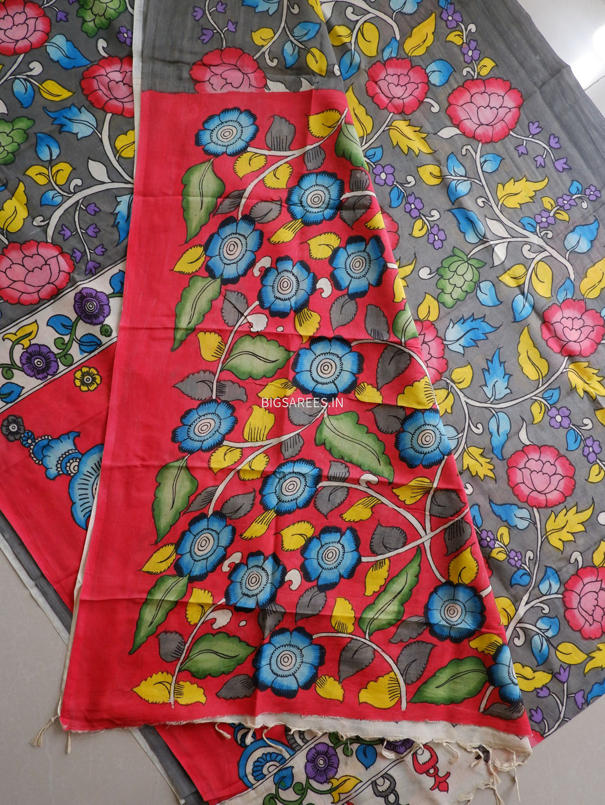 Hand-Painted Kalamkari Saree | Bangalore Silk | Shadow Grey