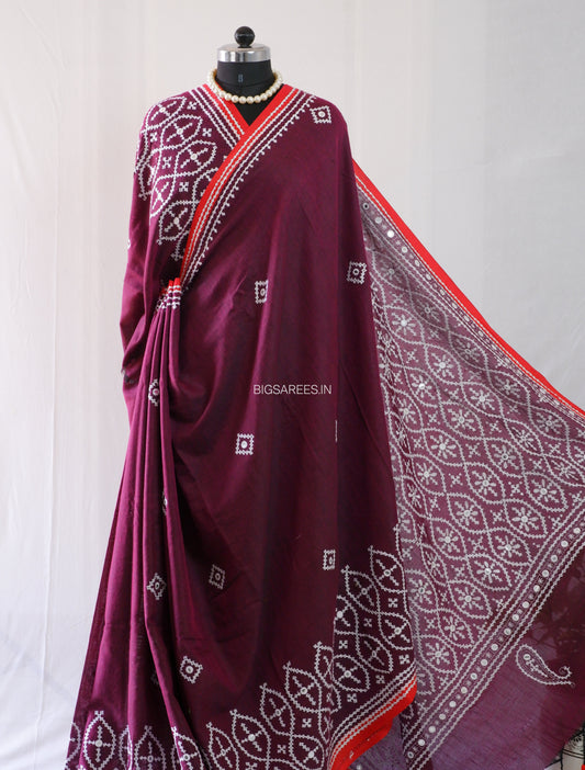 Kutchi Hand-Embroidered Saree | Khadi Cotton | Maroon