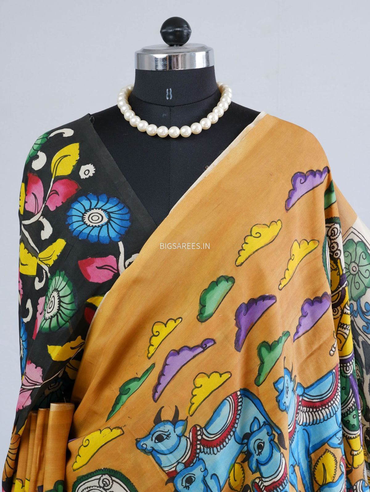 Hand-Painted Kalamkari Saree | Bangalore Silk | Muted Yellow