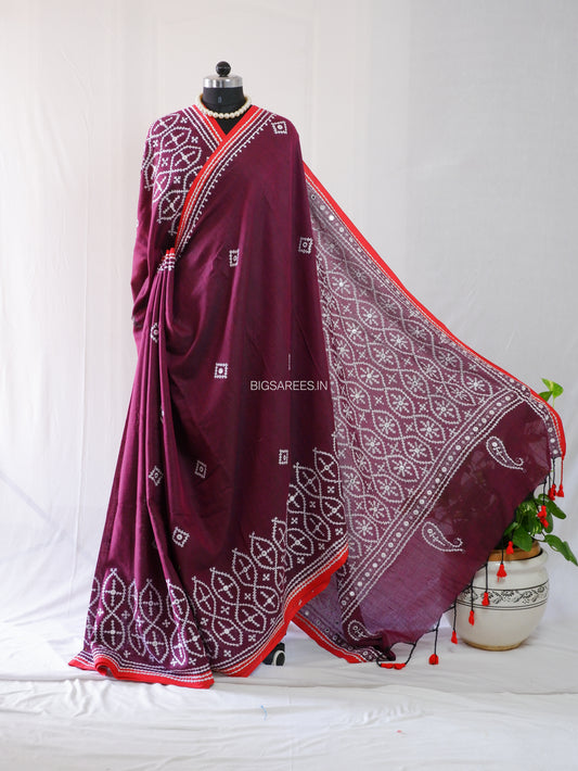 Kutchi Hand-Embroidered Saree | Khadi Cotton | Maroon
