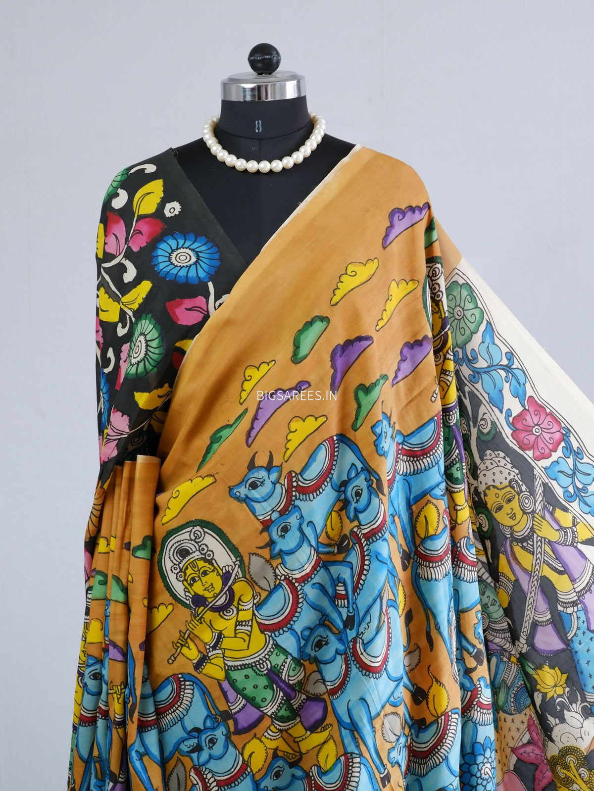 Hand-Painted Kalamkari Saree | Bangalore Silk | Muted Yellow