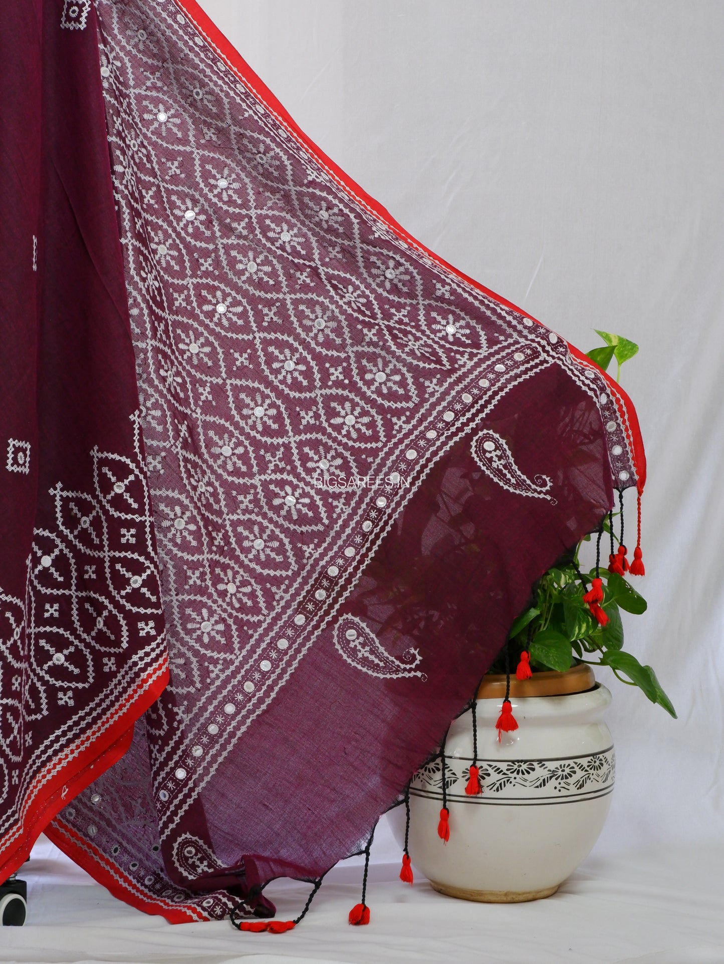 Kutchi Hand-Embroidered Saree | Khadi Cotton | Maroon