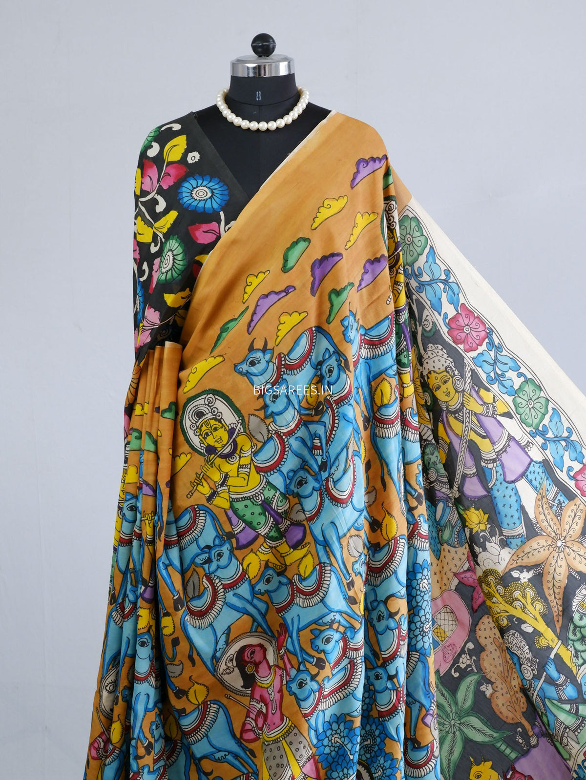 Hand-Painted Kalamkari Saree | Bangalore Silk | Muted Yellow