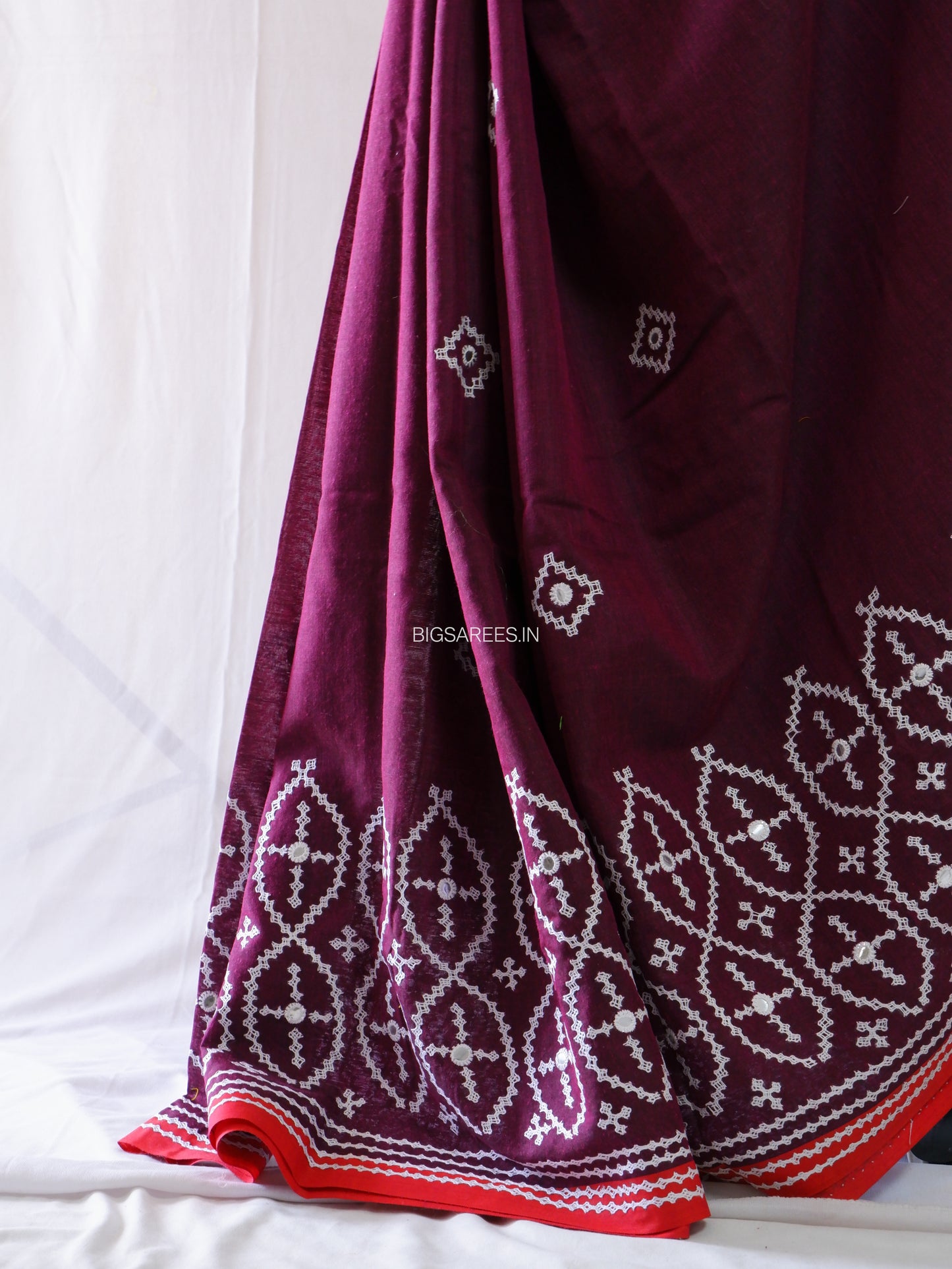 Kutchi Hand-Embroidered Saree | Khadi Cotton | Maroon