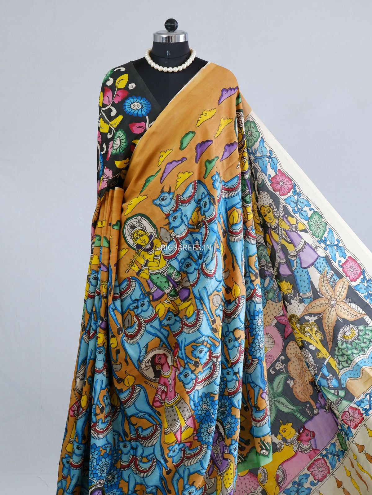 Hand-Painted Kalamkari Saree | Bangalore Silk | Muted Yellow