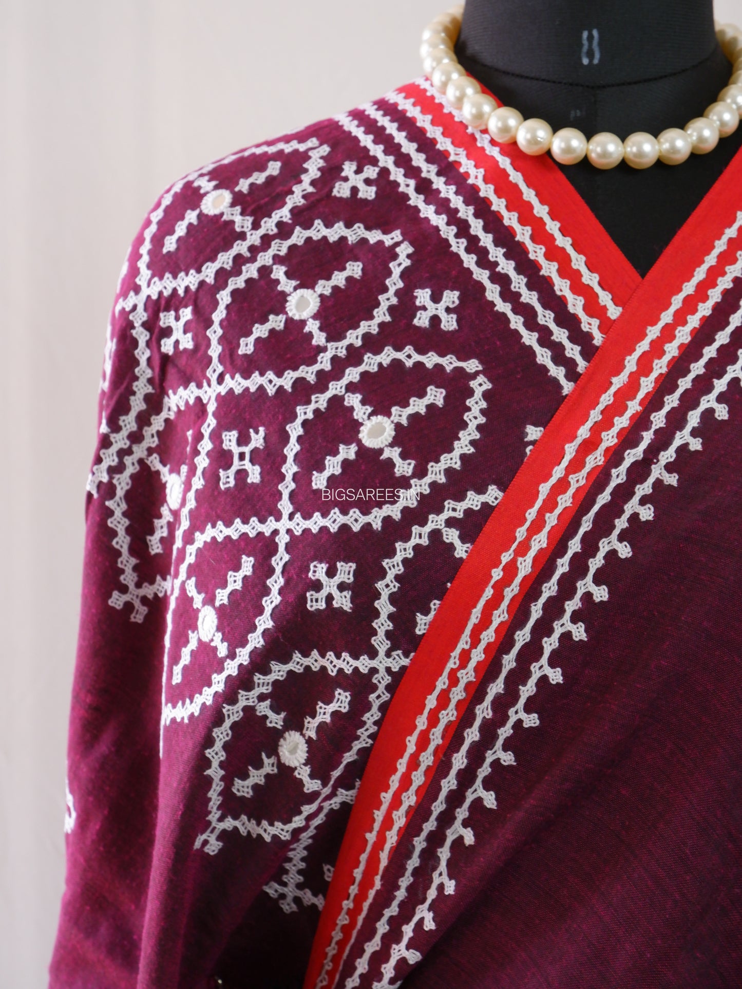 Kutchi Hand-Embroidered Saree | Khadi Cotton | Maroon