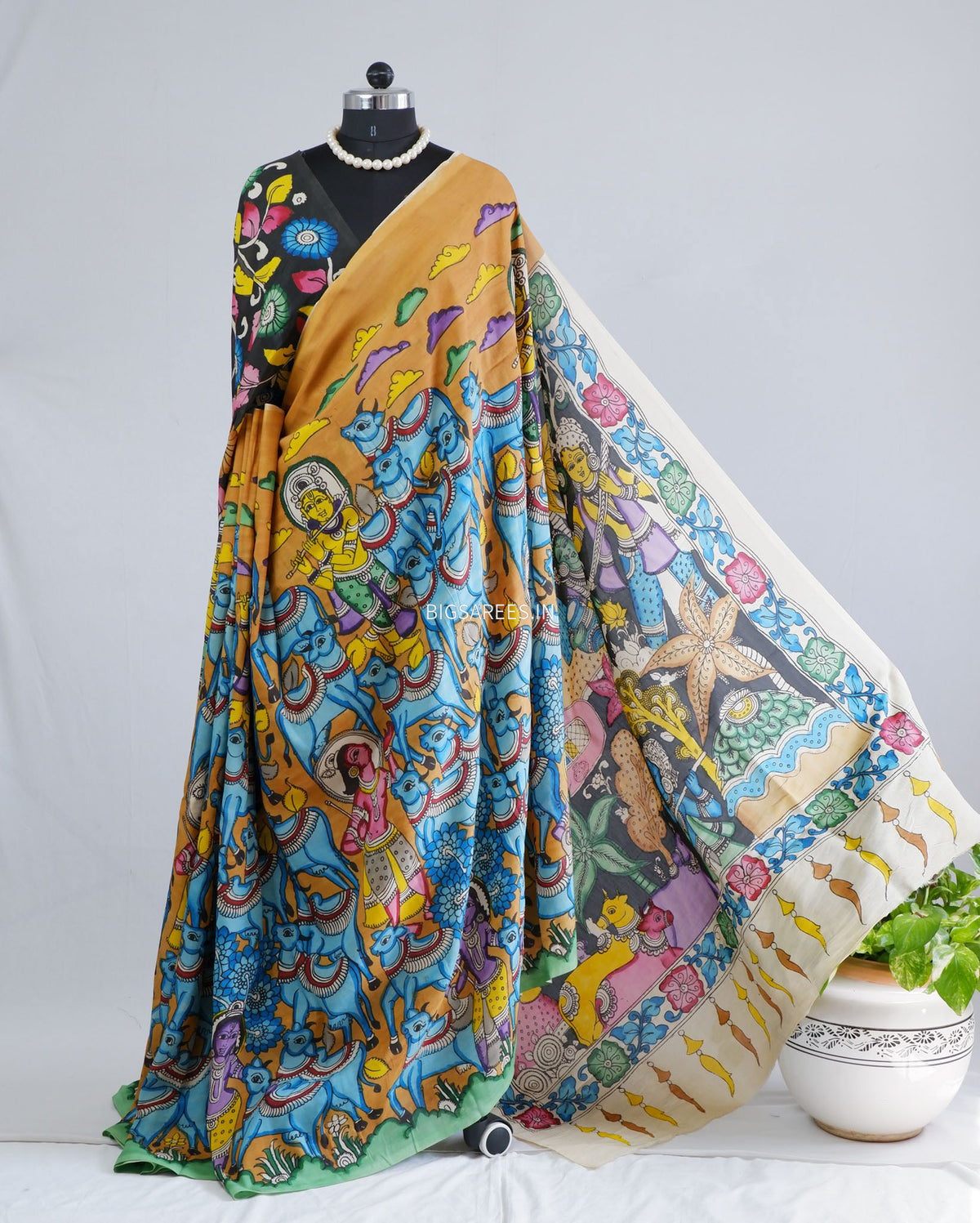 Hand-Painted Kalamkari Saree | Bangalore Silk | Muted Yellow