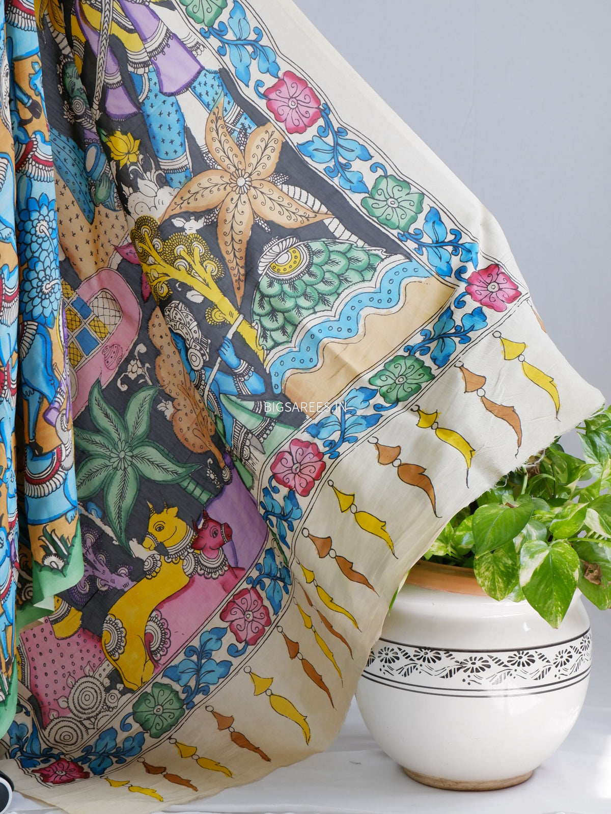 Hand-Painted Kalamkari Saree | Bangalore Silk | Muted Yellow