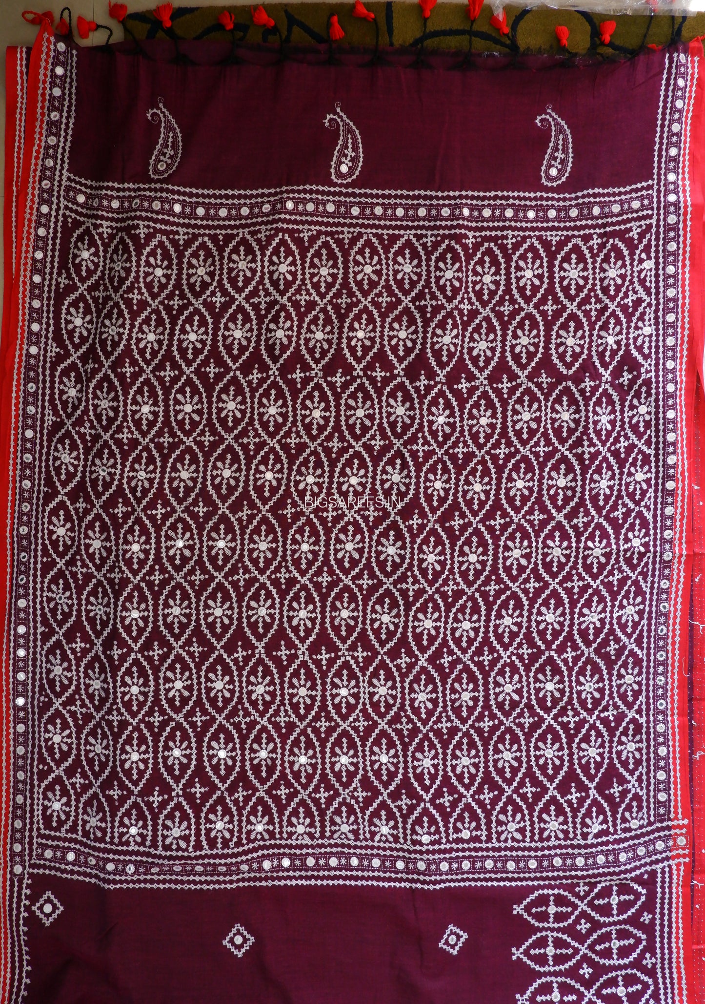 Kutchi Hand-Embroidered Saree | Khadi Cotton | Maroon