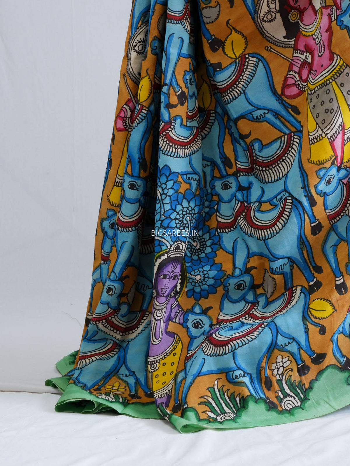 Hand-Painted Kalamkari Saree | Bangalore Silk | Muted Yellow