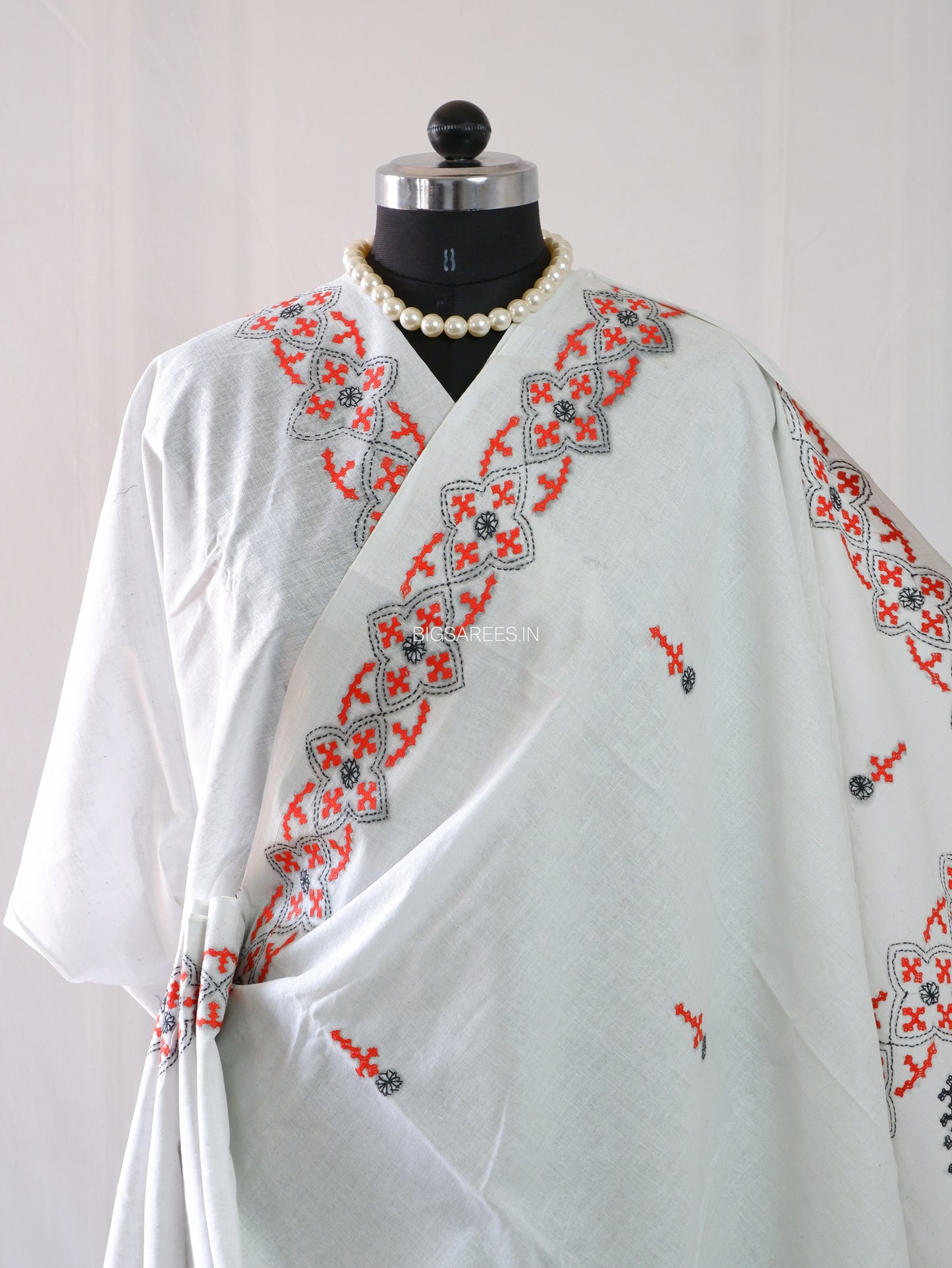 Kutchi Hand-Embroidered Saree | Khadi Cotton | White