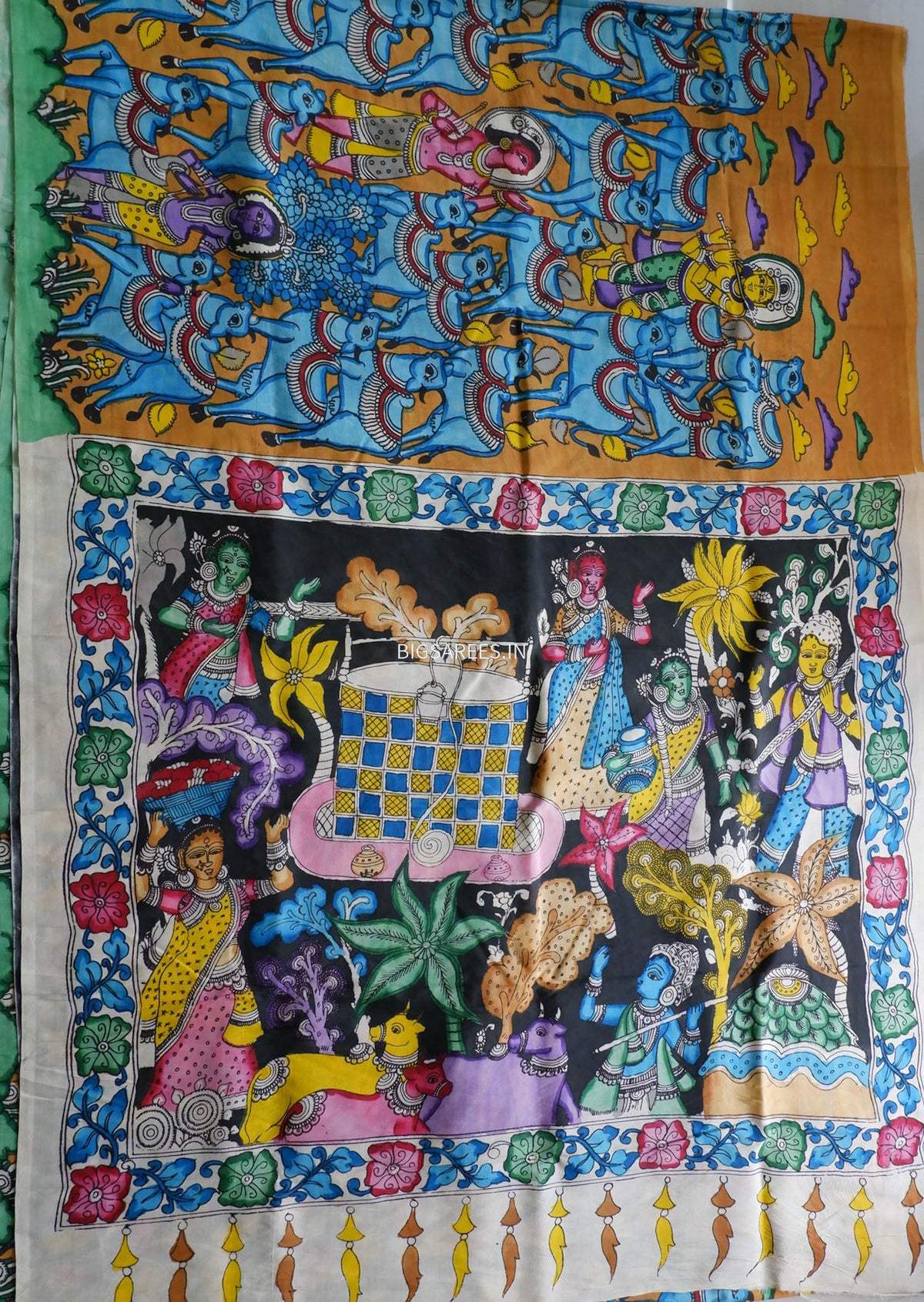Hand-Painted Kalamkari Saree | Bangalore Silk | Muted Yellow