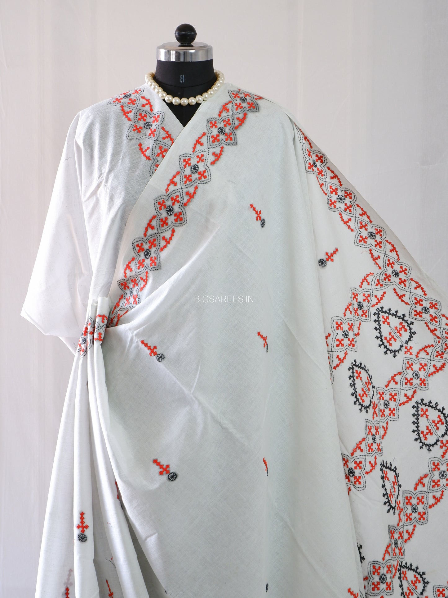 Kutchi Hand-Embroidered Saree | Khadi Cotton | White