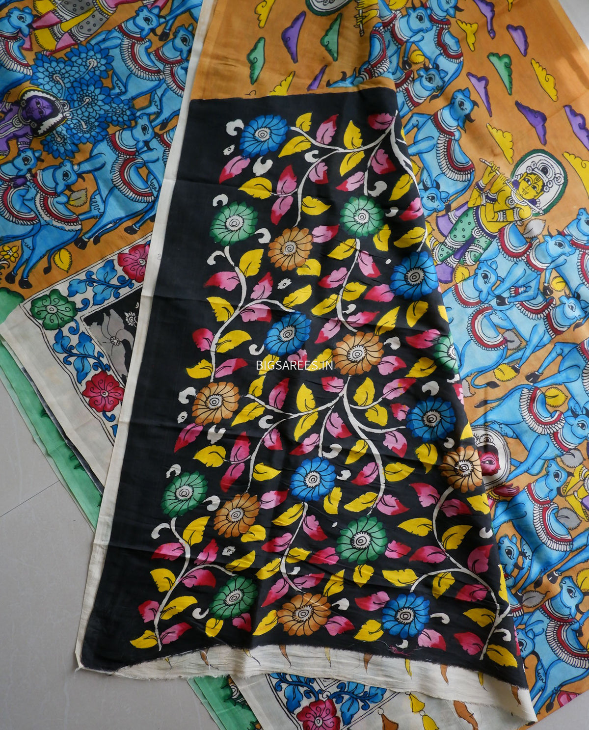 Hand-Painted Kalamkari Saree | Bangalore Silk | Muted Yellow
