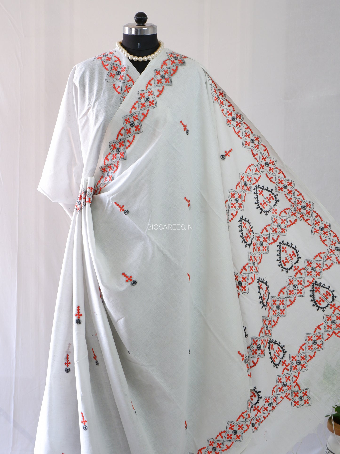 Kutchi Hand-Embroidered Saree | Khadi Cotton | White