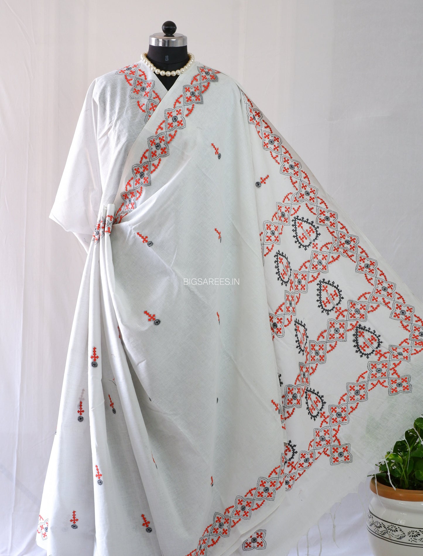 Kutchi Hand-Embroidered Saree | Khadi Cotton | White