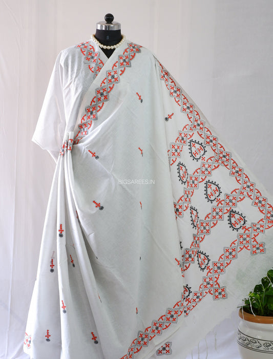 Kutchi Hand-Embroidered Saree | Khadi Cotton | White