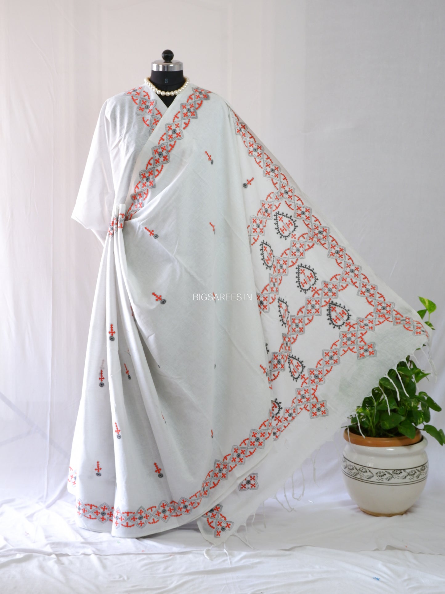 Kutchi Hand-Embroidered Saree | Khadi Cotton | White